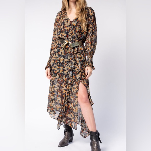 NWT $575 Iro Jorma Ruffled Printed Georgette Midi Dress In Black - Picture 2 of 11